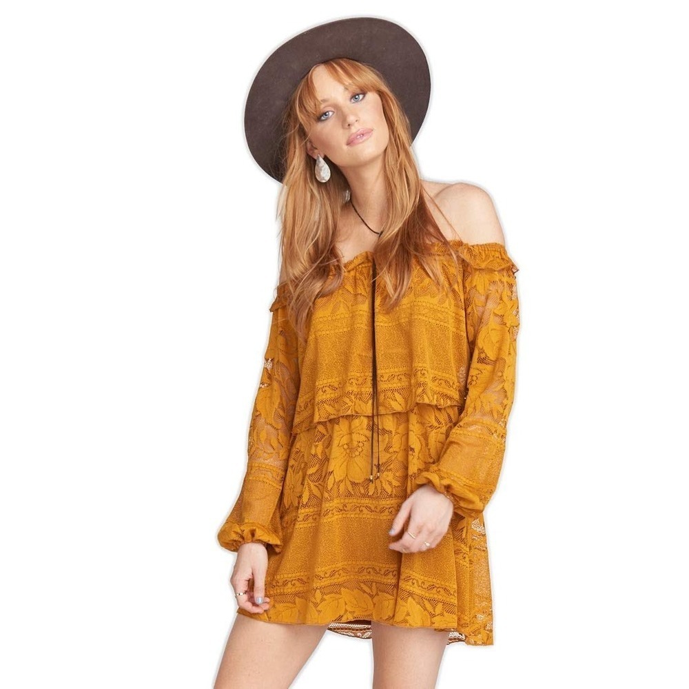 NWT Show Me Your Mumu Bess Lace Off Shoulder Boho Flowy Dress Mustard Yellow Med